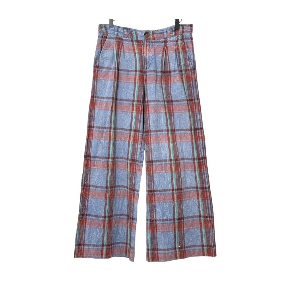 Anthropologie Women's Plaid Pants Wide Leg Blue Red 100% Cotton Pockets Size 6